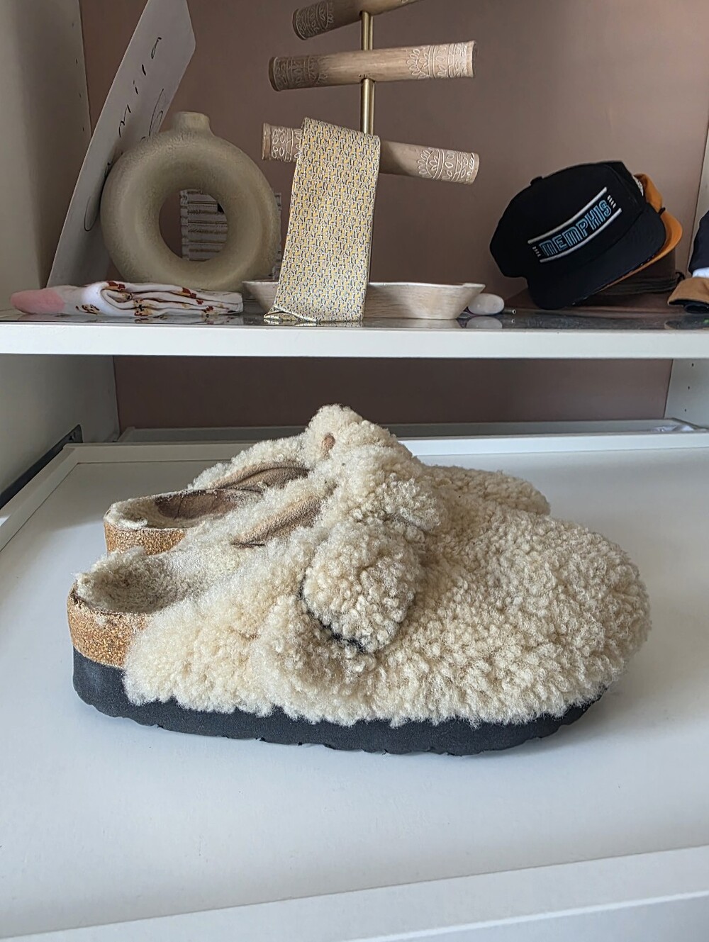 Papillio Cream Faux-Shearling Pom Slip-On Clog